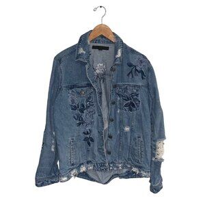 Tinsel Jean Jacket Size Medium  Medium Wash Denim Distressed‎ Embroidered Floral